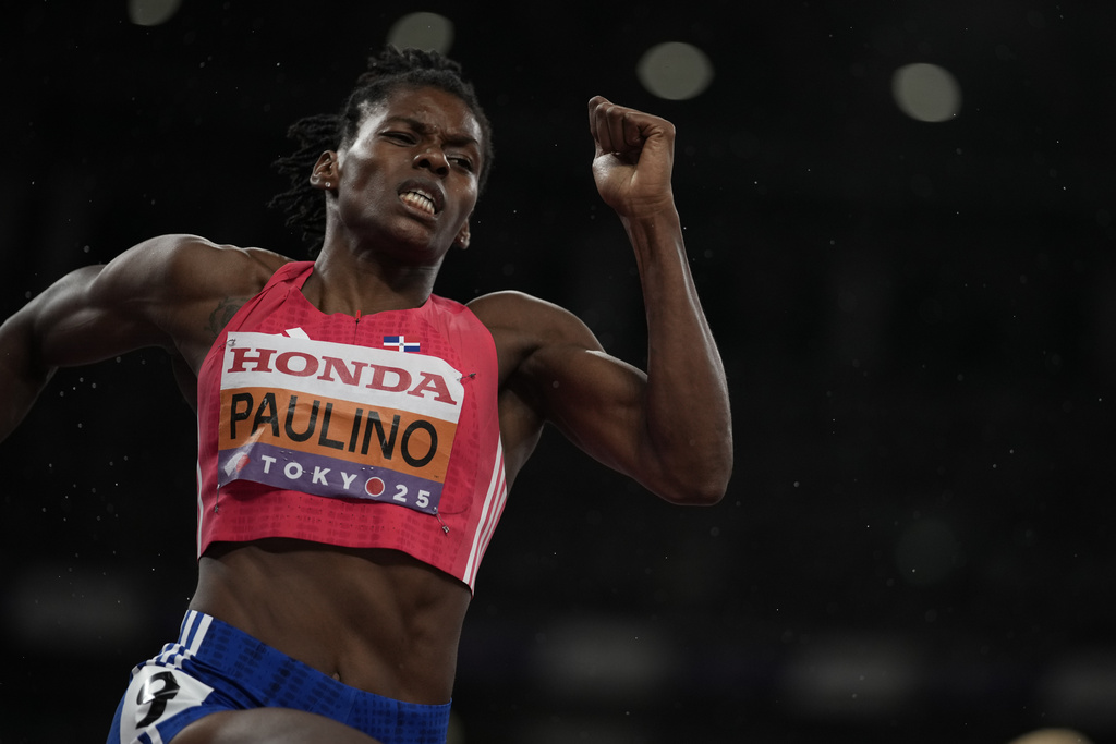 Dominican Republic's Marileidy Paulino silver medalist in the women's 400 meters final competes at the World Athletics Championships in Tokyo, Thursday, Sept. 18, 2025. (AP Photo/Louise Delmotte)