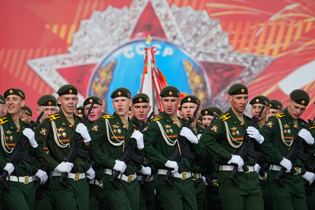 Troops march during a rehearsal for the Victory Day military parade at the Dvortsovaya (Palace) Square in St. Petersburg, Russia, Tuesday, May 5, 2026. (AP Photo/Dmitri Lovetsky)