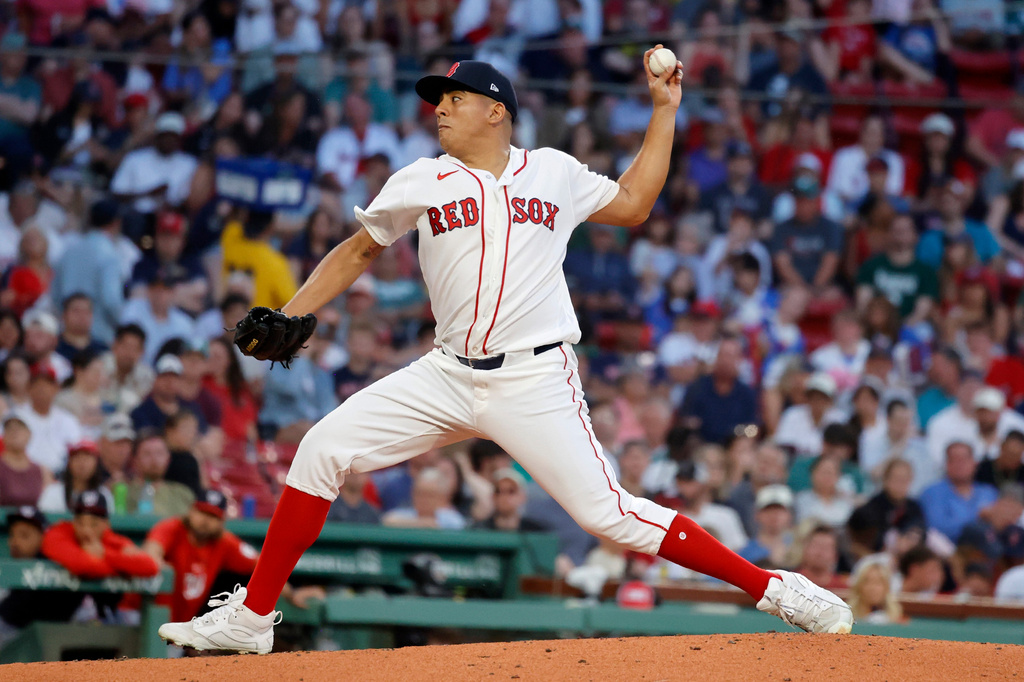 Boston Red Sox starting pitcher Ranger Suarez delivers during the fourth inning of a baseball game against the Washington Nationals, Monday, June 29, 2026, in Boston. (AP Photo/Mary Schwalm)