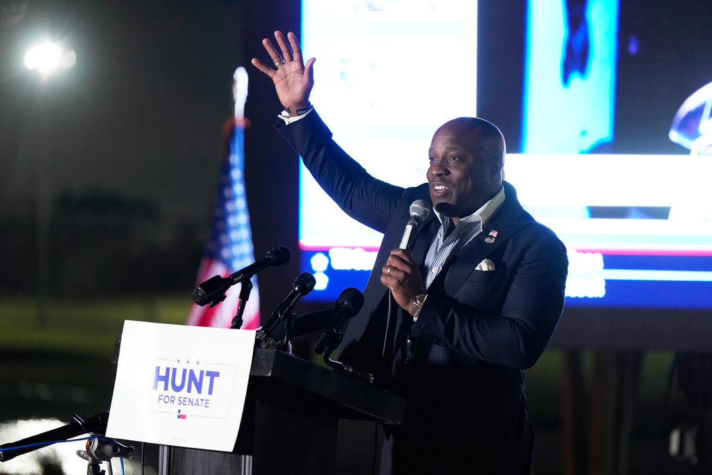 U.S. Rep. Wesley Hunt, R-Texas, a Republican candidate for the U.S. Senate, waves to supporters at a primary election night watch party Tuesday, March, 3, 2026, in Houston. (AP Photo/Ashley Landis)