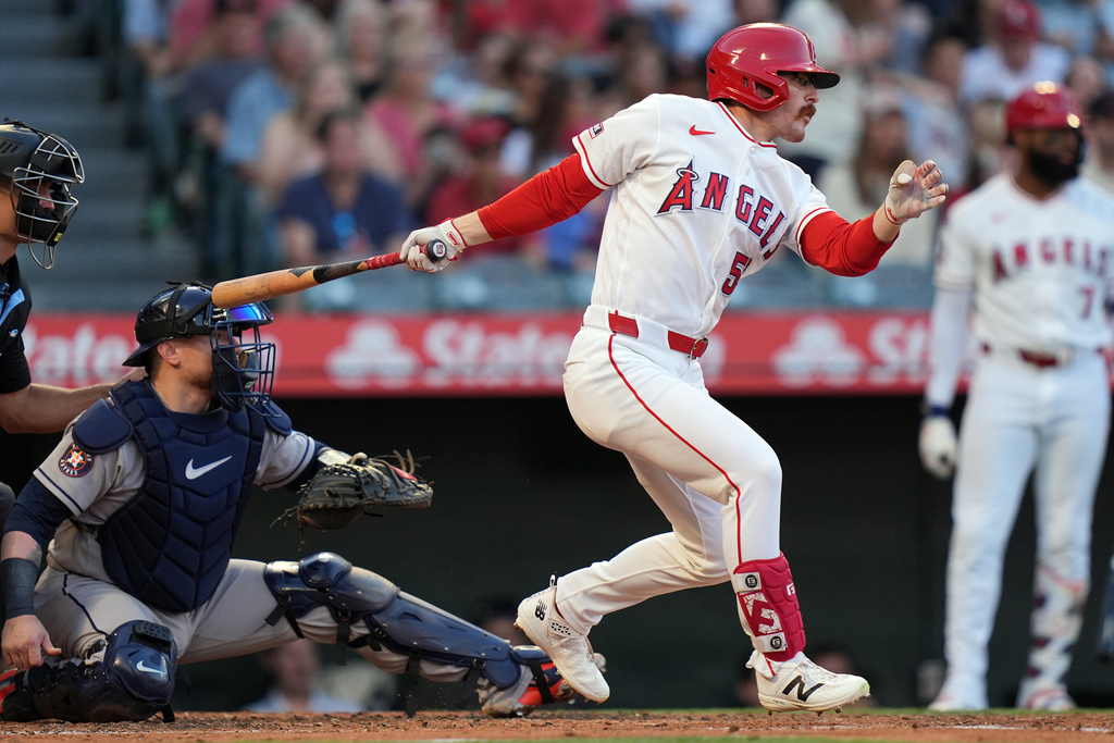 Los Angeles Angels Wade Meckler (53) watches his 2-run double against the Houston Astros during the second inning of a baseball game Tuesday, June 9, 2026, in Anaheim, Calif. (AP Photo/Scott Strazzante)