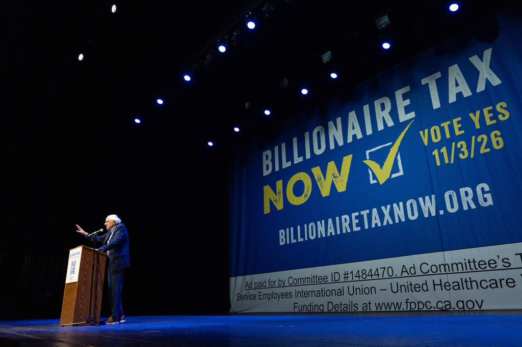 FILE - Sen. Bernie Sanders, I-Vt., addresses the crowd at a campaign event for a proposed "billionaires tax," in Los Angeles, Feb. 18, 2026. (AP Photo/Jae C. Hong, File)