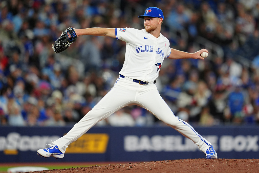 Toronto Blue Jays pitcher Eric Lauer throws against the Los Angeles Angels during the top of the fifth inning of a baseball game in Toronto, Sunday, May 10, 2026. (Frank Gunn/The Canadian Press via AP)