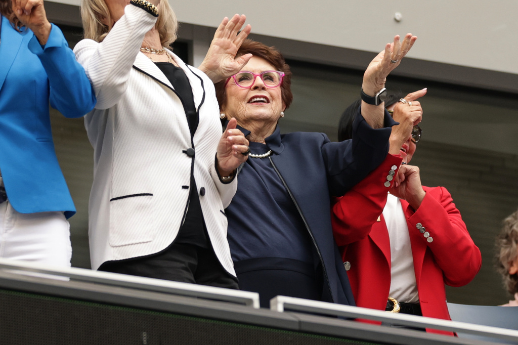 Former tennis player Billie Jean King attends a match between Aryna Sabalenka, of Belarus, and Elena Rybakina, of Kazakhstan, during the women's singles final of the U.S. Open tennis championships Saturday, Sept. 12, 2026, in New York. (AP Photo/Adam Hunger)