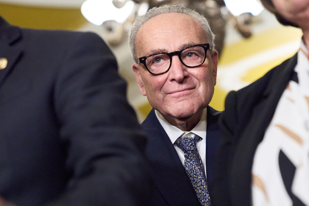 Senate Minority Leader Chuck Schumer, D-N.Y., center, attends a news conference with members of Democratic leadership about the looming government shutdown, Tuesday, Sept. 30, 2025, Washington. (AP Photo/Jacquelyn Martin)