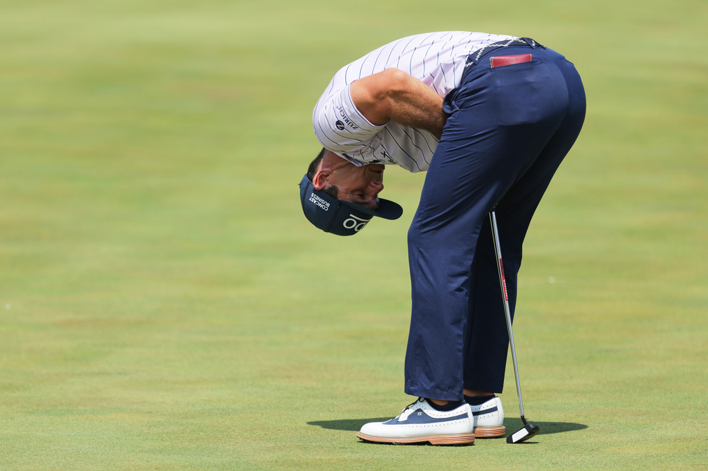 Billy Horschel reacts after a putt on the ninth green during the final round of the 3M Open golf tournament at the Tournament Players Club Sunday, July 26, 2026, in Blaine, Minn. (AP Photo/Bailey Hillesheim)