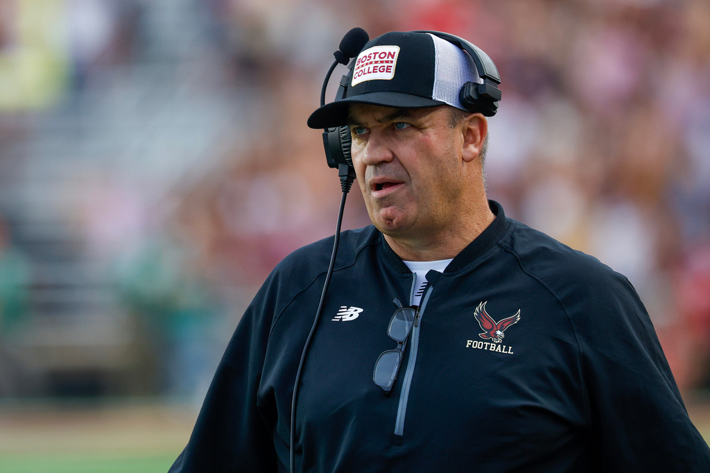 FILE - Boston College head coach Bill O'Brien reacts during the second half of an NCAA football game against California on Saturday, Sept. 27, 2025, in Chestnut Hill, Mass. (AP Photo/Greg M. Cooper)