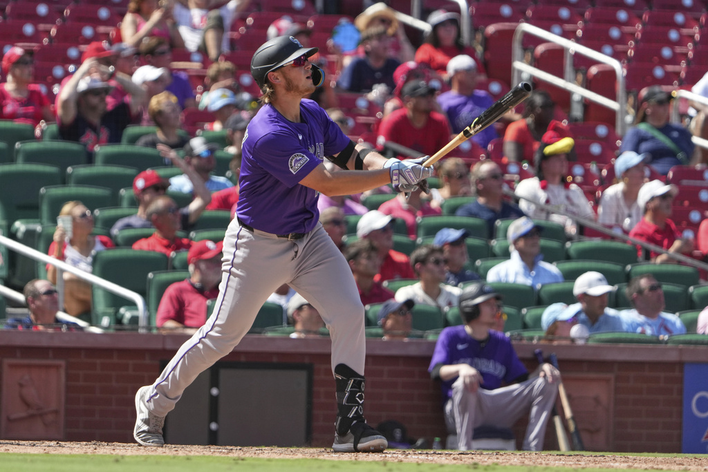 Colorado Rockies' Hunter Goodman watches his two-run home run during the ninth inning of a baseball game against the St. Louis Cardinals Wednesday, Aug. 13, 2025, in St. Louis. (AP Photo/Jeff Roberson)