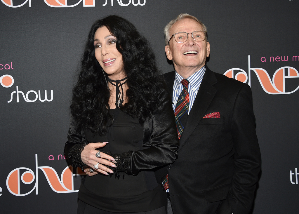 FILE - Cher, left, and designer Bob Mackie attend "The Cher Show" Broadway musical opening night in New York on Dec. 3, 2018. (Photo by Evan Agostini/Invision/AP, File)