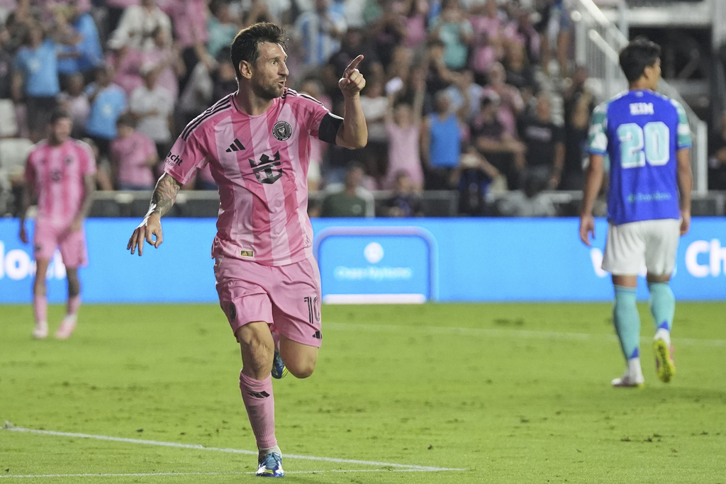 Inter Miami forward Lionel Messi reacts after scoring a goal during the first half of an MLS soccer match against Seattle Sounders, Tuesday, Sept. 16, 2025, in Fort Lauderdale, Fla. (AP Photo/Lynne Sladky)