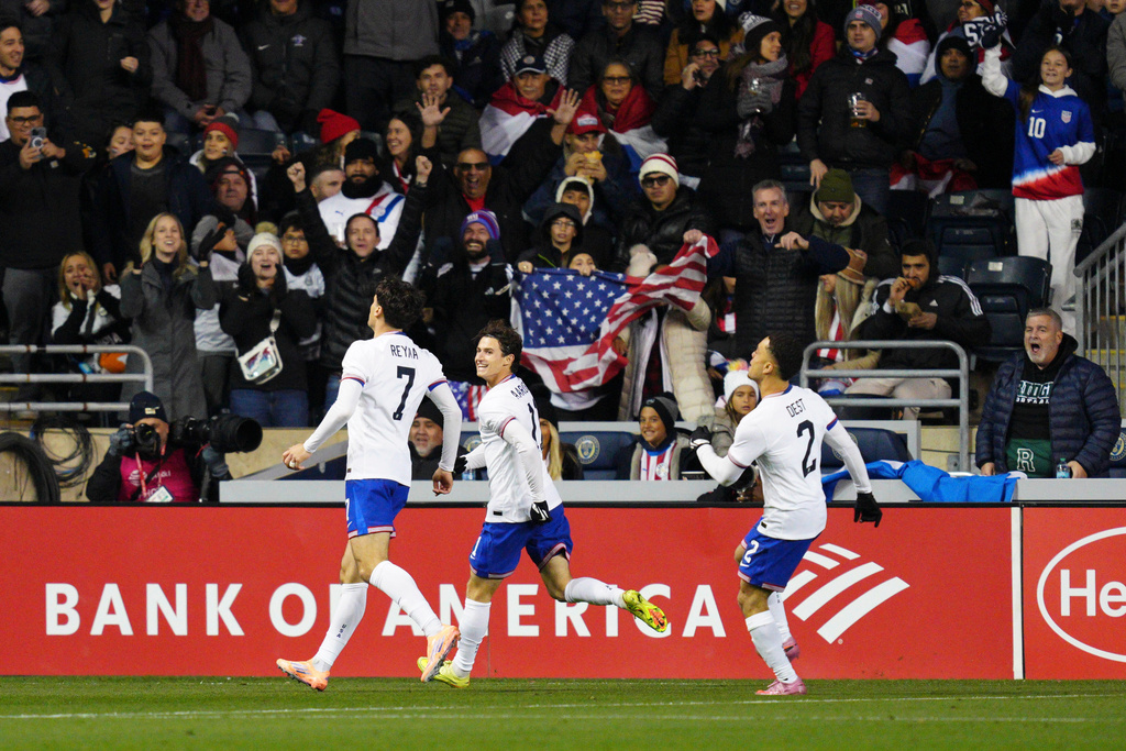 United States' Gio Reyna (7) celebrates his goal during the first half of an international friendly soccer match against Paraguay, Saturday, Nov. 15, 2025, in Chester, Pa. (AP Photo/Derik Hamilton)