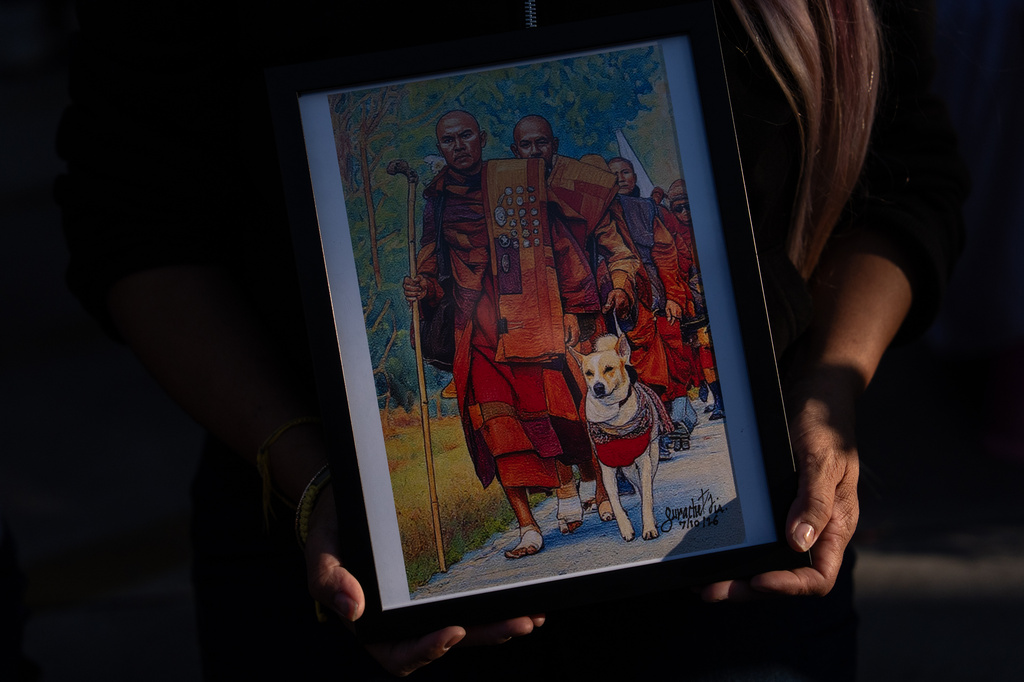 An attendee holds a framed painting depicting Bhikkhu Pannakara, a Buddhist monk who led a Walk for Peace from Fort Worth, Texas, to Washington, D.C., and his dog, Aloka, during an event at Wat Thai of Los Angeles in the North Hollywood section of Los Angeles, Monday, July 13, 2026. (AP Photo/Jae C. Hong)