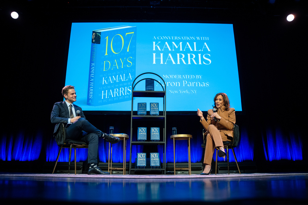 Former Vice President Kamala Harris speaks at the first stop of her book tour for her new book about her presidential campaign, "107 Days," at the Town Hall in New York, Wednesday, Sept. 24, 2025. (AP Photo/Angelina Katsanis)