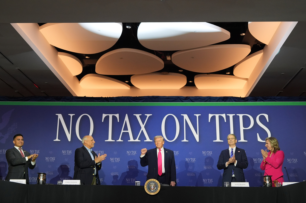 President Donald Trump arrives for a roundtable event about no tax on tips, Thursday, April 16, 2026, in Las Vegas. (AP Photo/Alex Brandon)