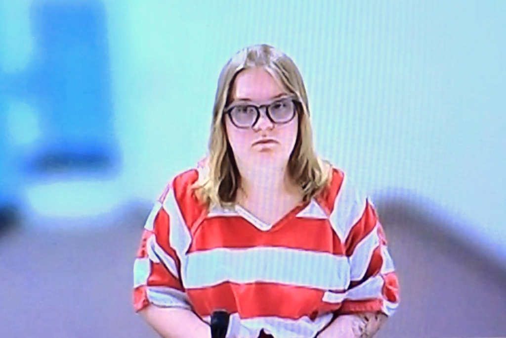 In this image taken from court video, Andrea Shaw attends a court hearing remotely via video, on July 2, 2026, in the Payette County District Court in Payette, Idaho. (KIVI-TV via AP)