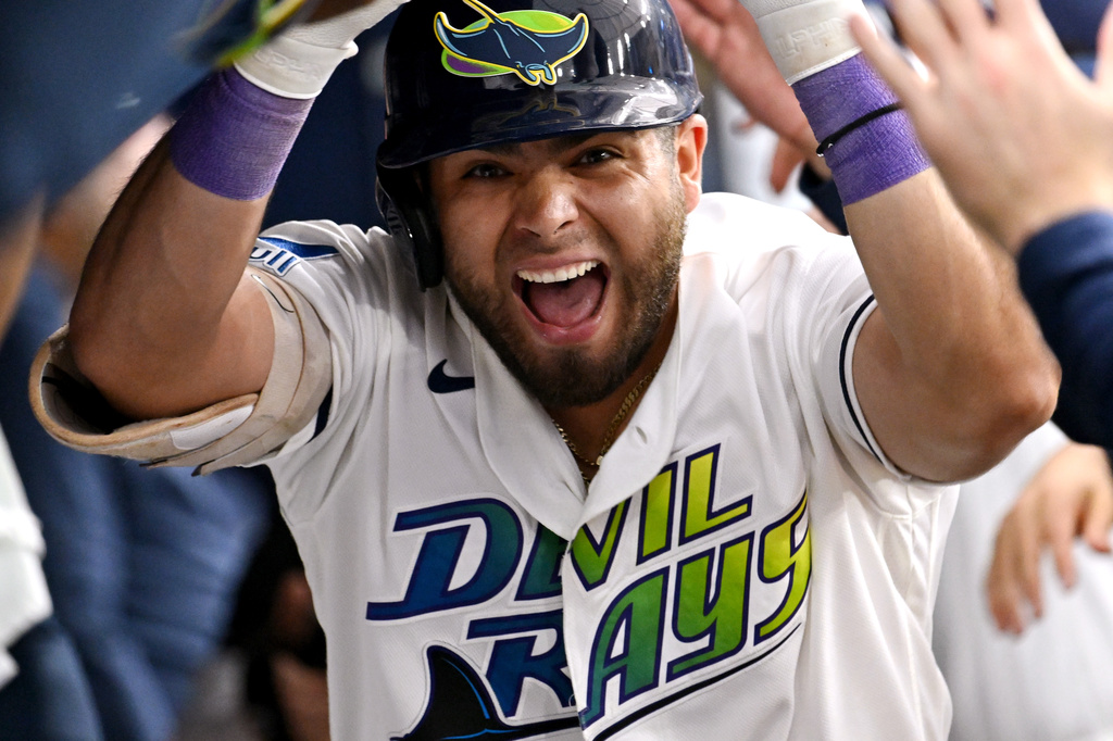 Tampa Bay Rays' Jonathan Aranda celebrates after his three-run home run during the third inning of a baseball game against the Washington Nationals, Friday, June 19, 2026, in St. Petersburg, Fla. (AP Photo/Jason Behnken)