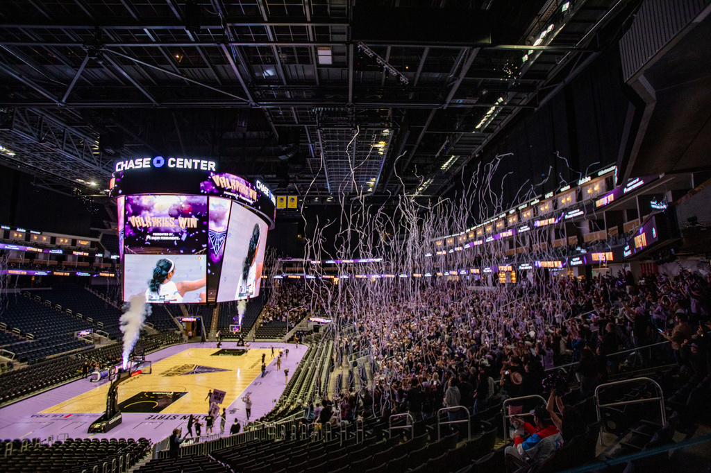 Streamers fall from the rafters following the Golden State Valkyries victory over the Atlanta Dream in Game 4 of the WNBA basketball finals against the Atlanta Dream, Saturday, Oct. 24, 2026, in Atlanta. (Dan Hernandez/San Francisco Chronicle via AP)