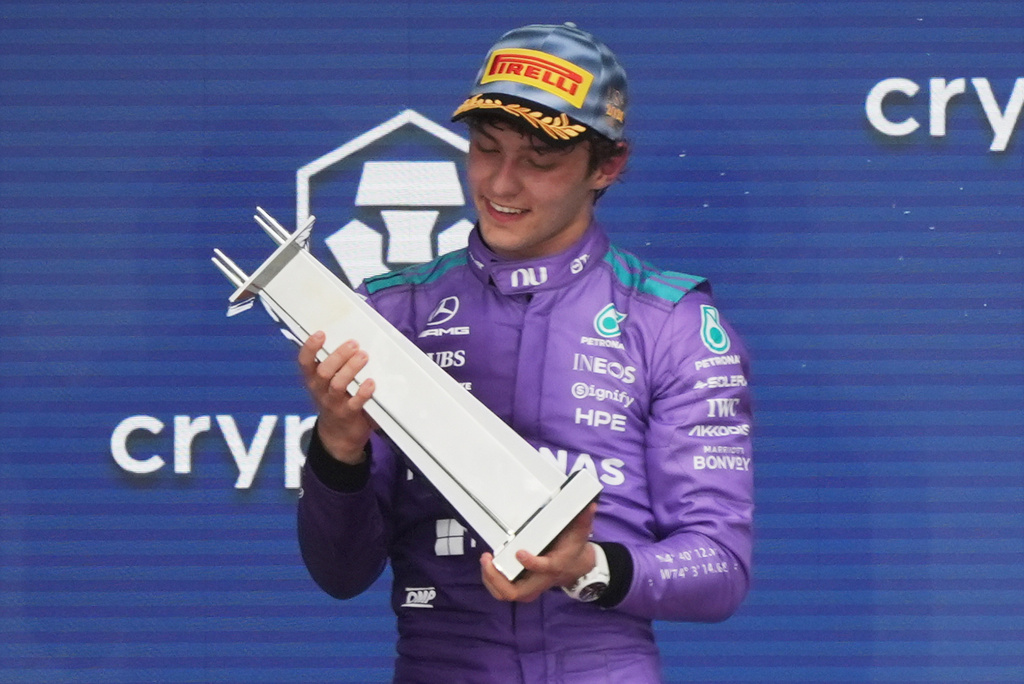 Mercedes driver Kimi Antonelli of Italy holds his trophy after winning the Miami Formula One Grand Prix auto race, Sunday, May 3, 2026, in Miami Gardens, Fla. (AP Photo/Lynne Sladky)