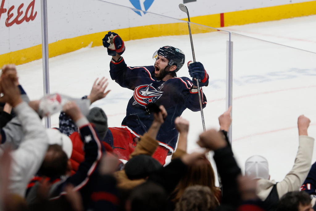 Columbus Blue Jackets' Adam Fantilli celebrates his goal against the Anaheim Ducks during the overtime period of an NHL hockey game, Tuesday, Dec. 16, 2025, in Columbus, Ohio. (AP Photo/Jay LaPrete)