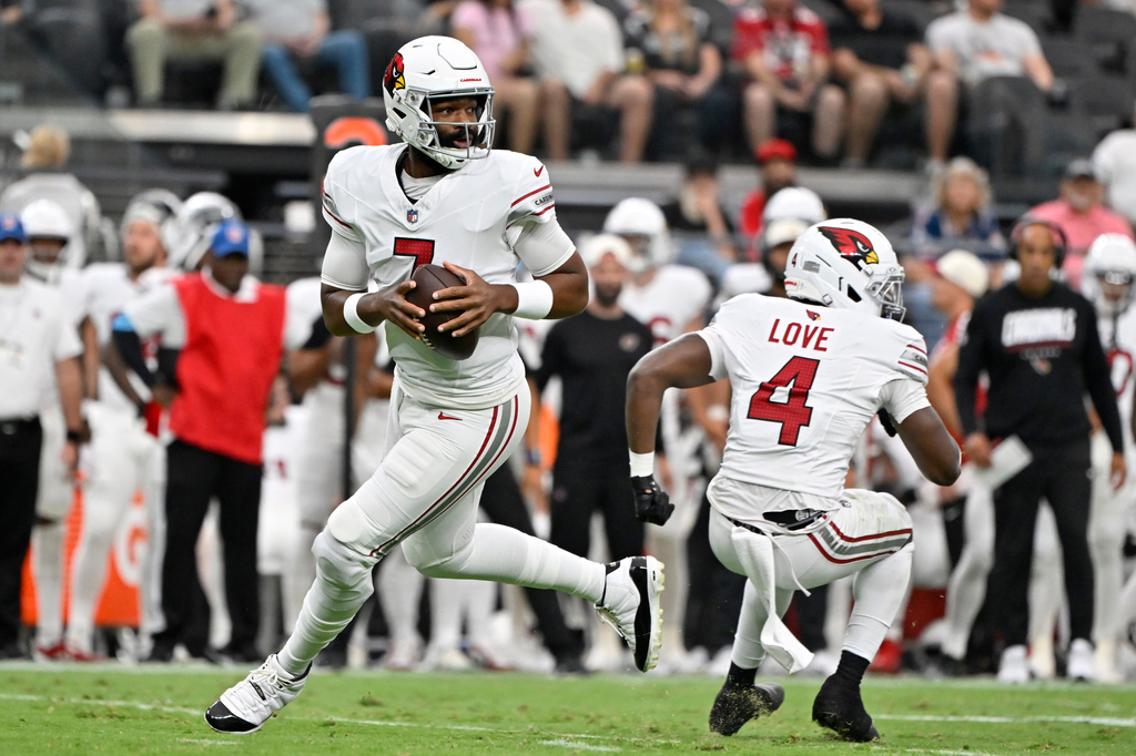 Arizona Cardinals quarterback Jacoby Brissett looks to pass against the Las Vegas Raiders during the first half of a preseason NFL football game, Thursday, Aug. 13, 2026, in Las Vegas. (AP Photo/David Becker)