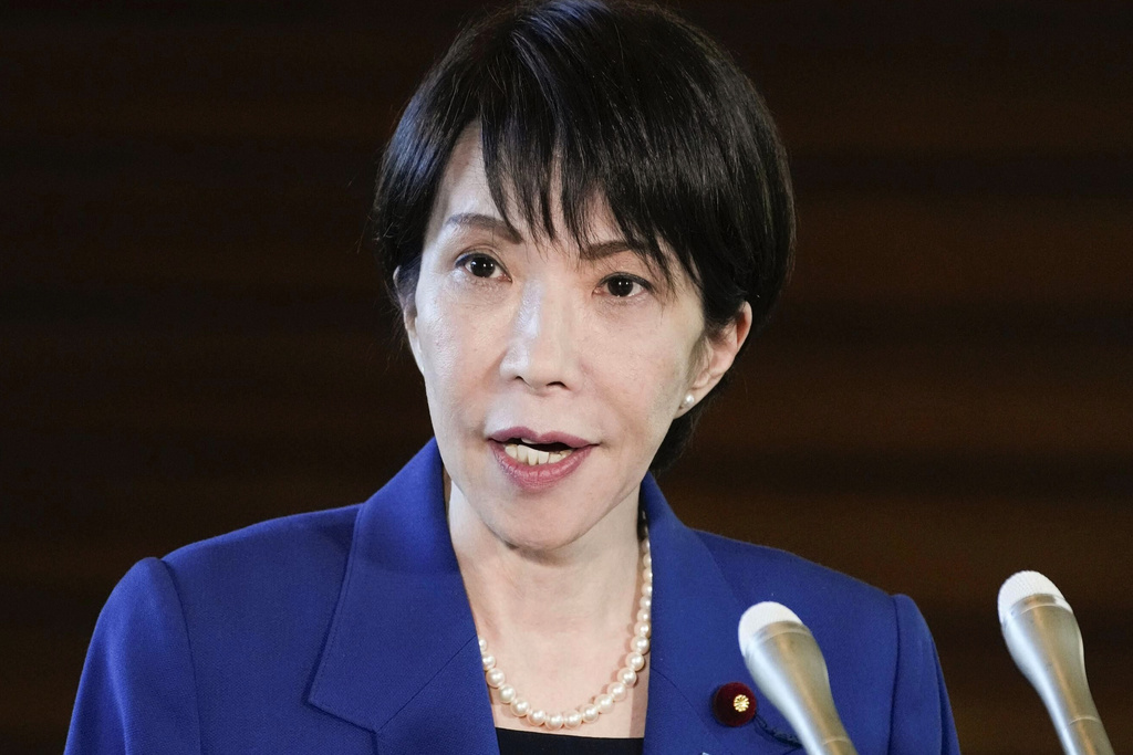 Japan's Prime Minister Sanae Takaichi speaks to the reporters at her office in Tokyo Tuesday, Jan. 6, 2026, after a strong earthquake hit western Japan. (Yuki Sato/Kyodo News via AP)
