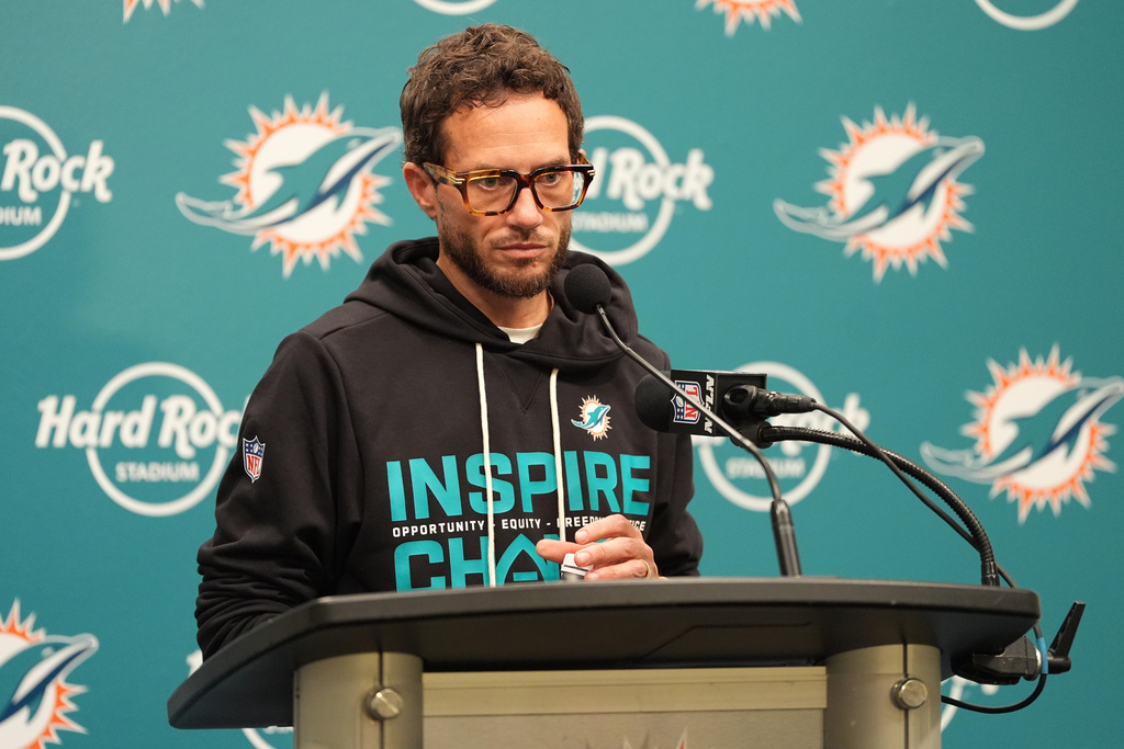 Miami Dolphins head coach Mike McDaniel speaks during a news conference after an NFL football game against the Tampa Bay Buccaneers, Sunday, Dec. 28, 2025, in Miami Gardens, Fla. (AP Photo/Rebecca Blackwell)