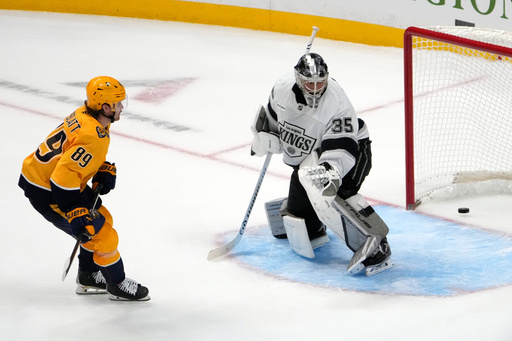 Nashville Predators right wing Ozzy Wiesblatt (89) scores against Los Angeles Kings goaltender Darcy Kuemper (35) for the winning goal during a shootout in an NHL hockey game Saturday, Oct. 25, 2025, in Nashville, Tenn. (AP Photo/Mark Humphrey) Nashville Predators right wing Ozzy Wiesblatt (89) scores against Los Angeles Kings goaltender Darcy Kuemper (35) for the winning goal during a shootout in an NHL hockey game Saturday, Oct. 25, 2025, in Nashville, Tenn. (AP Photo/Mark Humphrey)
