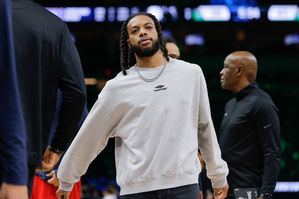 Los Angeles Clippers guard Darius Garland looks on during the first half of an NBA basketball game against the Minnesota Timberwolves, Sunday, Feb. 8, 2026, in Minneapolis. (AP Photo/Bailey Hillesheim)