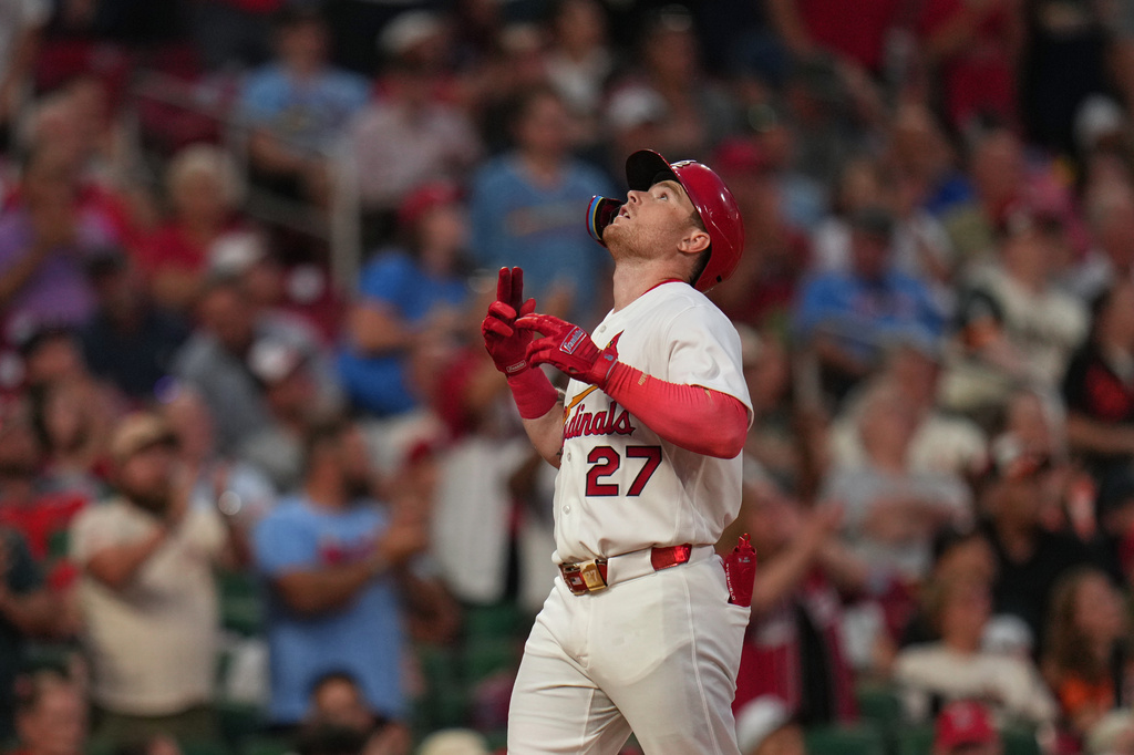 St. Louis Cardinals' Nathan Church celebrates after hitting a solo home run during the third inning of a baseball game against the Baltimore Orioles Tuesday, Aug. 25, 2026, in St. Louis. (AP Photo/Jeff Roberson)