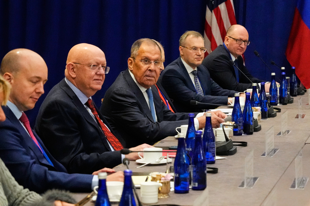 Russian Foreign Minister Sergey Lavrov, center, meets with United States Secretary of State Marco Rubio, Wednesday, Sept. 23, 2026, in New York. (AP Photo/Yuki Iwamura)