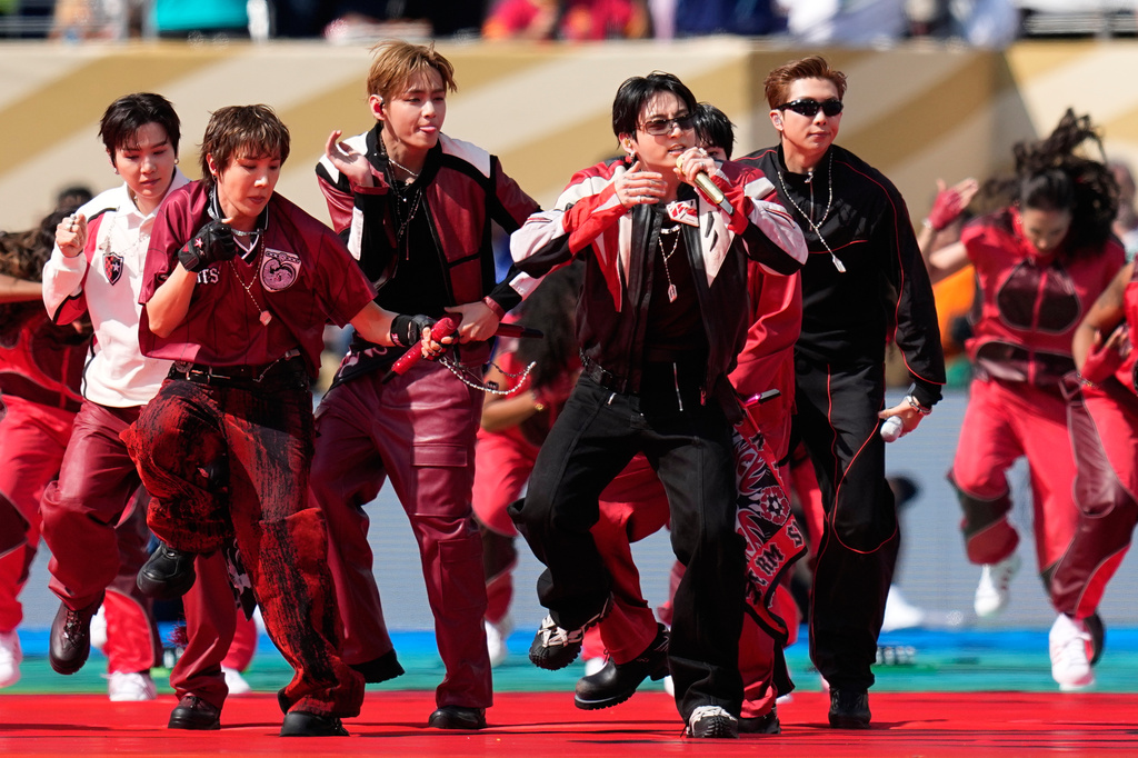 South Korean boy band BTS perform during the halftime show of the World Cup final soccer match between Spain and Argentina in East Rutherford, N.J., near New York, Sunday, July 19, 2026. (AP Photo/Ashley Landis)