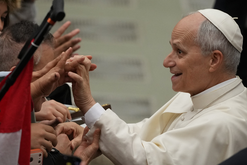 Pope Leo XIV greets people during his weekly general audience in the Pope Paul VI hall at the Vatican, Wednesday, Jan. 14, 2026. (AP Photo/Andrew Medichini)
