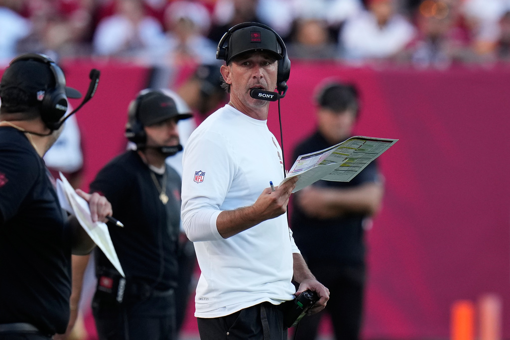 San Francisco 49ers head coach Kyle Shanahan watches from the sideline during the second half of an NFL football game against the Tampa Bay Buccaneers in Tampa, Fla., Sunday, Oct. 12, 2025. (AP Photo/Chris O'Meara)