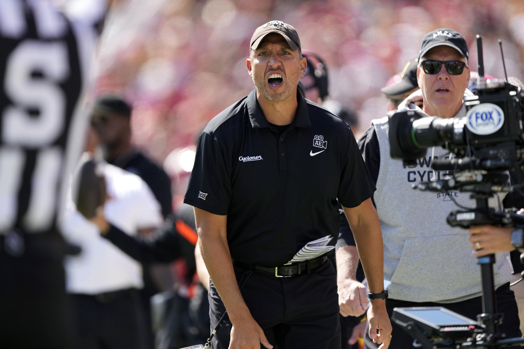 Iowa State head coach Matt Campbell reacts to a call during the first half of an NCAA college football game against Iowa, Saturday, Sept. 6, 2025, in Ames, Iowa. (AP Photo/Charlie Neibergall)