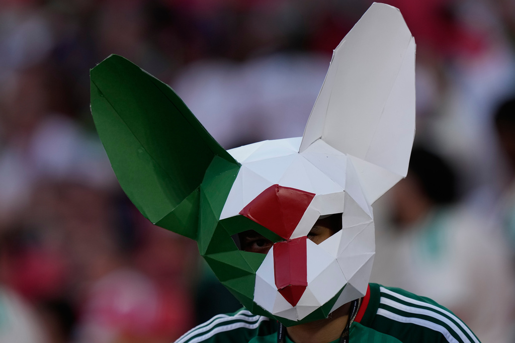 An Algeria fan wears a mask before a World Cup Group J soccer match between Algeria and Austria in Kansas City, Mo., Saturday, June 27, 2026. (AP Photo/Charlie Riedel)