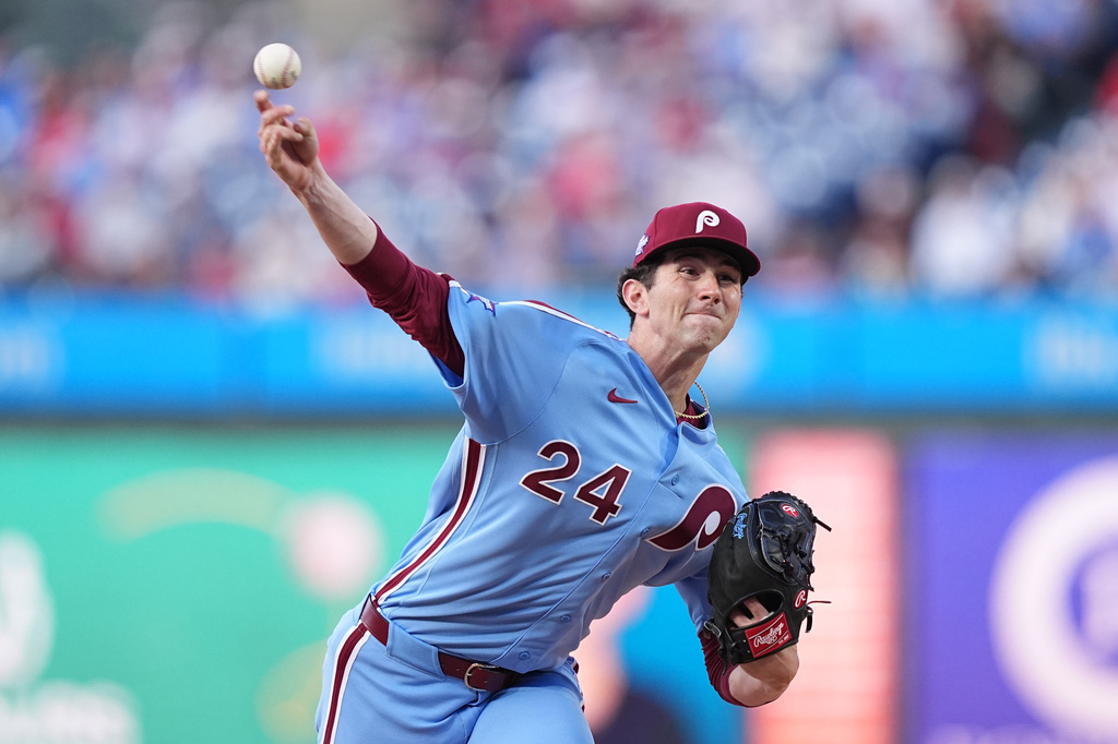 Philadelphia Phillies' Andrew Painter throws during the first inning of a baseball game against the Athletics, Thursday, May 7, 2026, in Philadelphia. (AP Photo/Matt Rourke)