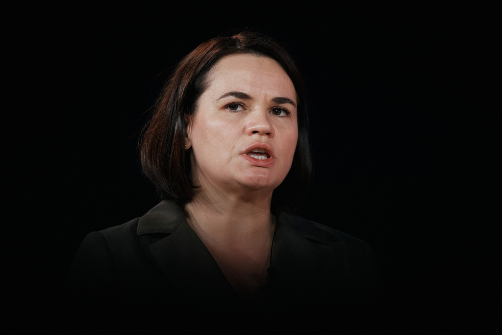 Sviatlana Tsikhanouskaya from Belarus speaks during the Concordia Annual Summit, in New York, Tuesday, Sept. 23, 2025. (AP Photo/Andres Kudacki)
