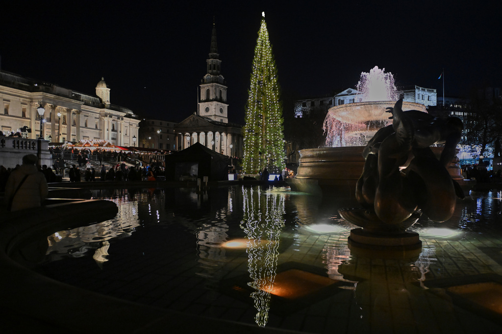 The traditional lighting up ceremony starts for the annual Norwegian gifted Christmas tree in Trafalgar Square, in London, England, Thursday, Dec. 4, 2025. (AP Photo/Thomas Krych)