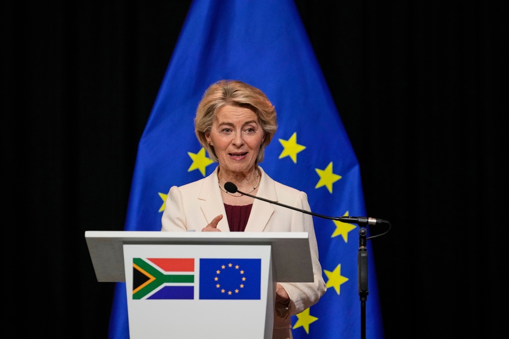 European Commission President Ursula von der Leyen addresses the media in Johannesburg, South Africa, Thursday, Nov. 20, 2025. (AP Photo/Themba Hadebe)