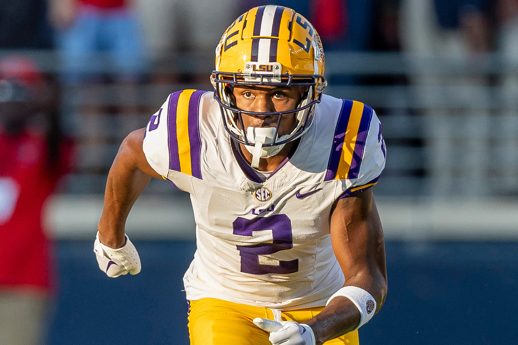 FILE - LSU wide receiver Kyren Lacy looks on during the first half of an NCAA football game, Sept. 30, 2023, in Oxford, Miss. (AP Photo/Vasha Hunt, File)