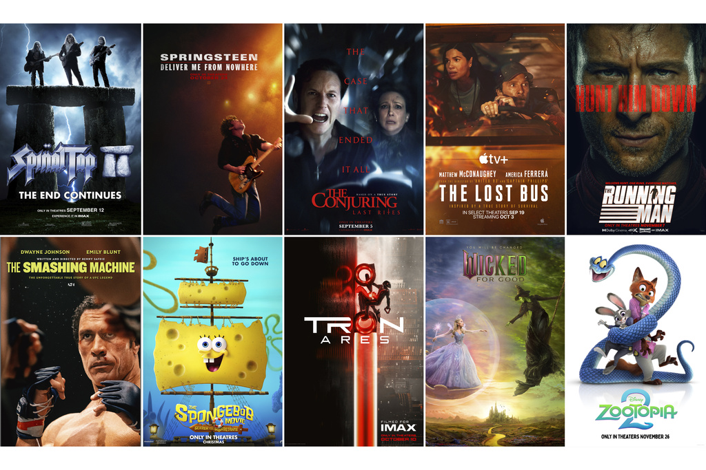 This combination of images shows promotional art for the films "Spinal Tap: The End Continues," top row from left, "Springsteen: Deliver Me from Nowhere ,"The Conjuring" Last Rites," "The Lost Bus," "The Running Man," bottom row from left, "The Smashing Machine," "The SpongeBob Movie: Search for Squarepants," "Tron: Ares," "Wicked: For Good," and "Zootopia 2." (Bleecker Street/Disney/Warner Bros./Apple TV+/Paramount/A24/Paramount/Disney/Disney/Universal/Disney via AP)