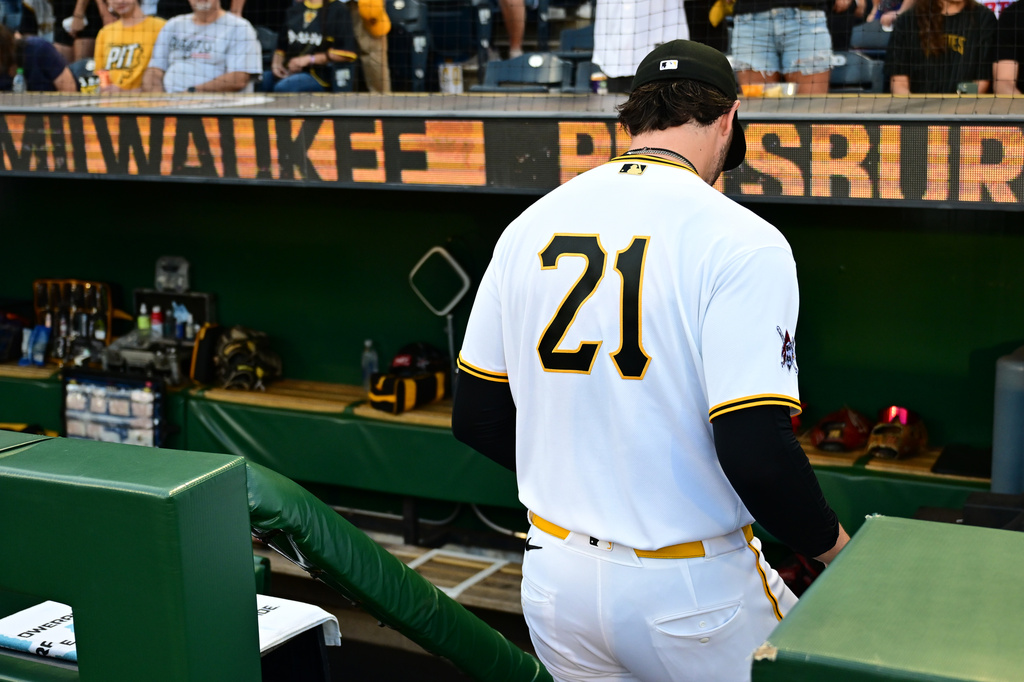 Pittsburgh Pirates starting pitcher Paul Skenes walks to the dugout before a baseball game against the Milwaukee Brewers, Tuesday, Sept. 15, 2026, in Pittsburgh. (AP Photo/David Dermer)