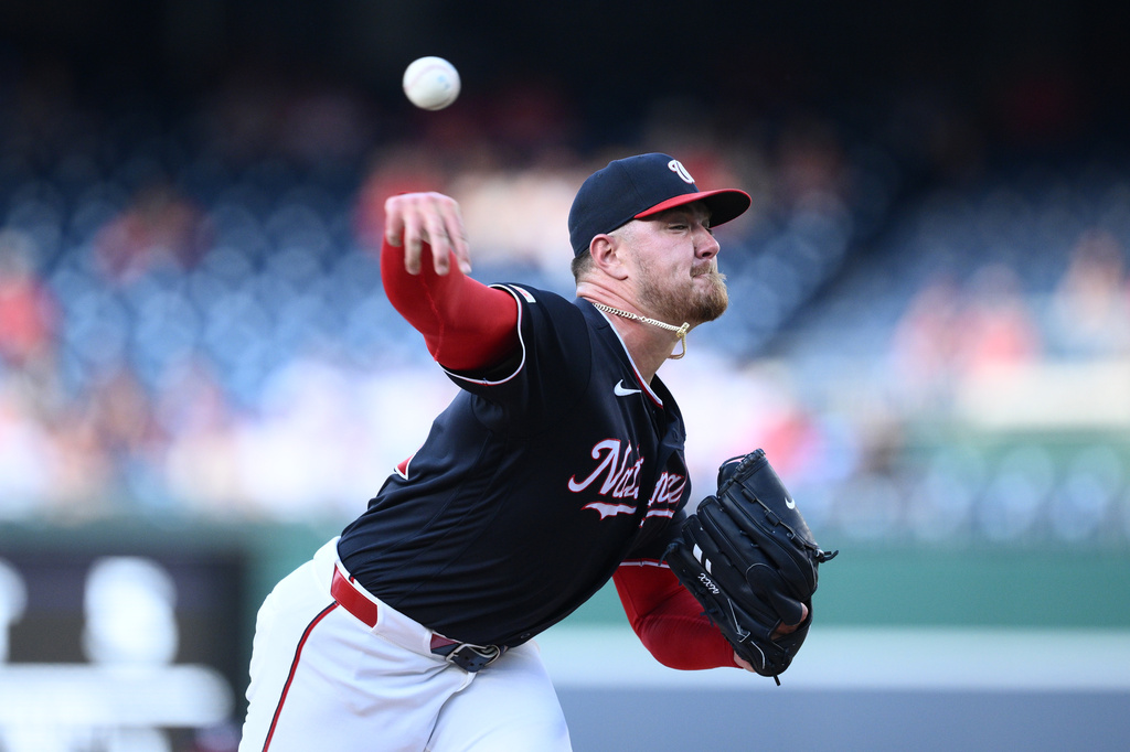 Washington Nationals pitcher Cade Cavalli throws during the first inning of a baseball game against the Philadelphia Phillies, Thursday, June 25, 2026, in Washington. (AP Photo/Nick Wass)