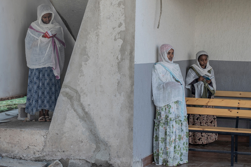 Ethiopian Orthodox Christian worshippers pray at Gerji Saint Mary Church during the general election in Addis Ababa, Ethiopia, Monday, June 1, 2026. (AP Photo/Amanuel Sileshi)