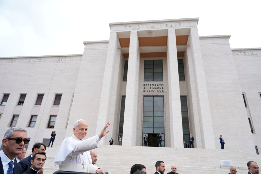 Pope Leo XIV visits the Città Universitaria (University City) at Sapienza University of Rome to meet with faculty and students at the institution's primary campus, one of the world's oldest and largest universities, Thursday, May 14, 2026. (AP Photo/Gregorio Borgia)