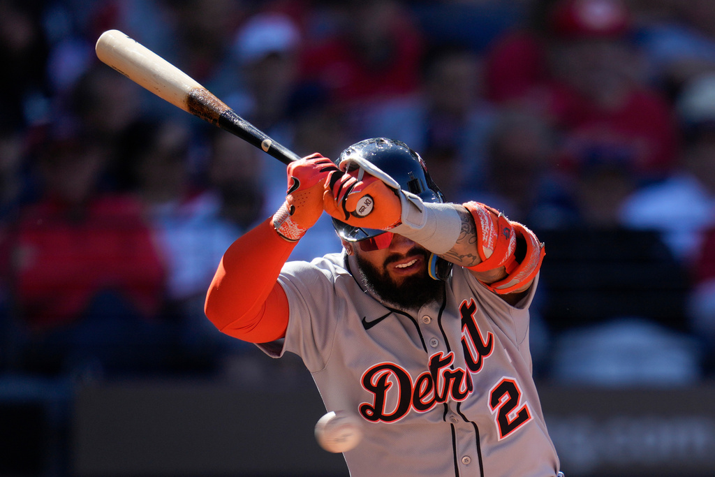 Detroit Tigers Gleyber Torres is hit by a pitch in the seventh inning of Game 2 of the American League Wild Card baseball playoff series against the Cleveland Guardians in Cleveland, Wednesday, Oct. 1, 2025. (AP Photo/Sue Ogrocki)