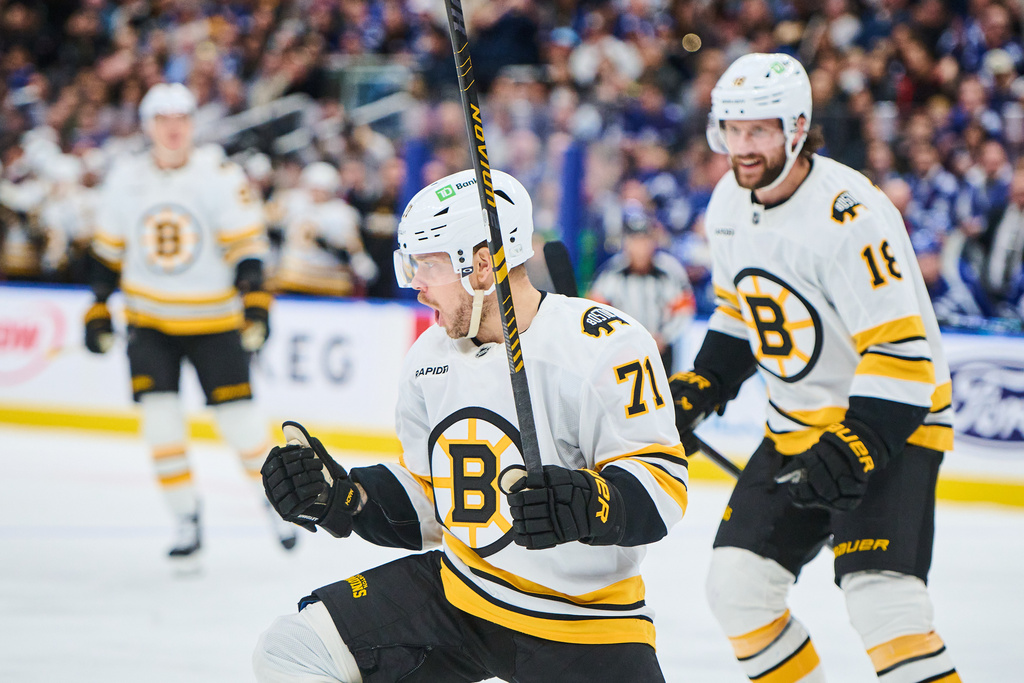 Boston Bruins' Viktor Arvidsson (71) celebrates his goal against the Toronto Maple Leafs during the first period of an NHL hockey game in Toronto on Saturday, Nov. 8, 2025. (Sammy Kogan/The Canadian Press via AP)