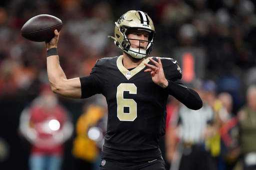 New Orleans Saints quarterback Tyler Shough (6) throws a pass against the Tampa Bay Buccaneers during the second half of an NFL football game Sunday, Oct. 26, 2025, in New Orleans. (AP Photo/Gerald Herbert) New Orleans Saints quarterback Tyler Shough (6) throws a pass against the Tampa Bay Buccaneers during the second half of an NFL football game Sunday, Oct. 26, 2025, in New Orleans. (AP Photo/Gerald Herbert)
