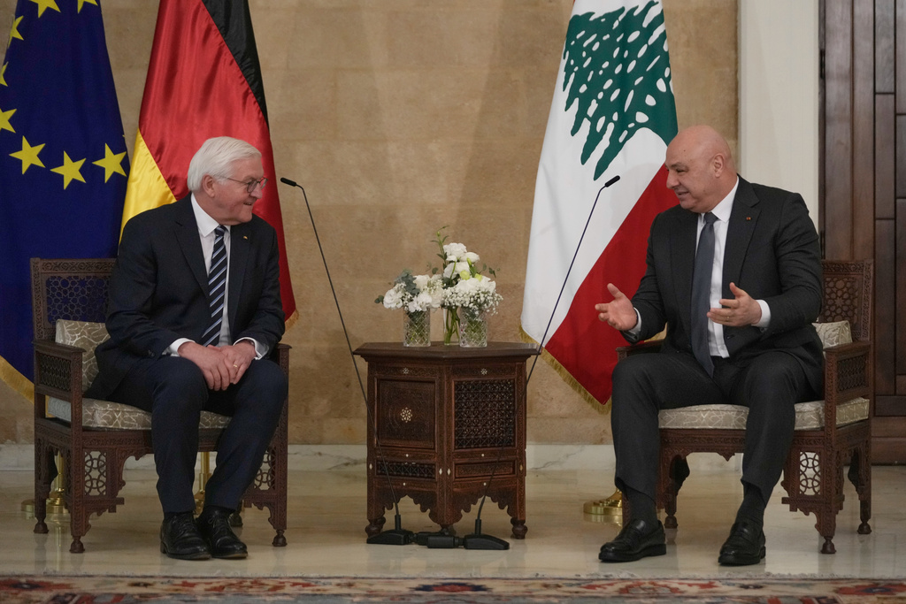 Lebanese President Joseph Aoun, right, meets with his German counterpart Frank-Walter Steinmeier, at the presidential palace in Baabda, east of Beirut, Lebanon, Monday, Feb. 16, 2026. (AP Photo/Hussein Malla)