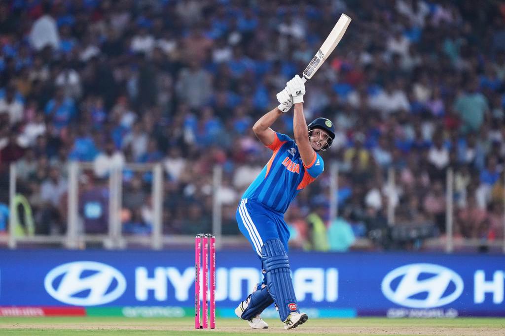 India's Shivam Dube plays a shot during the T20 World Cup cricket match between India and Netherlands in Ahmedabad, India, Wednesday, Feb. 18, 2026. (AP Photo/Ajit Solanki)